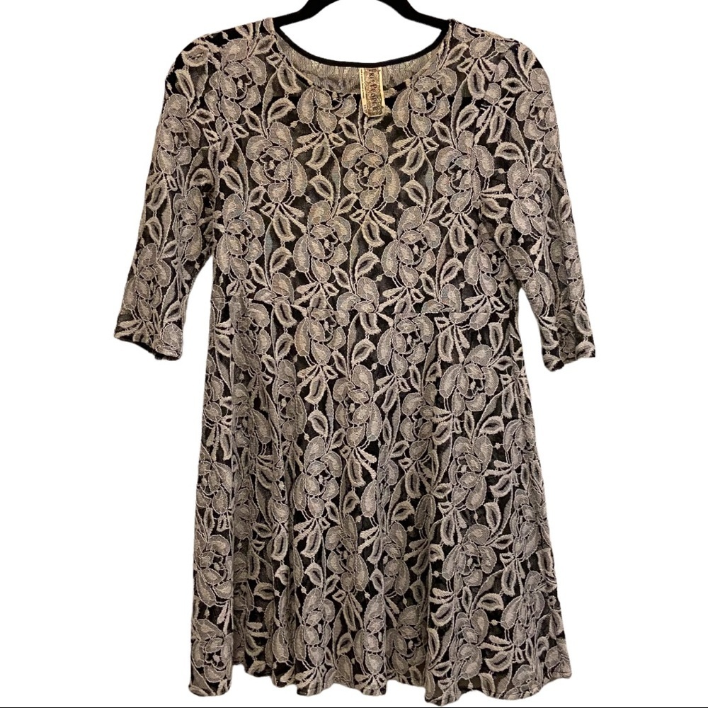 Free People Black Gray Floral Lace Sheer Three-quarter Sleeve Feminine Dress